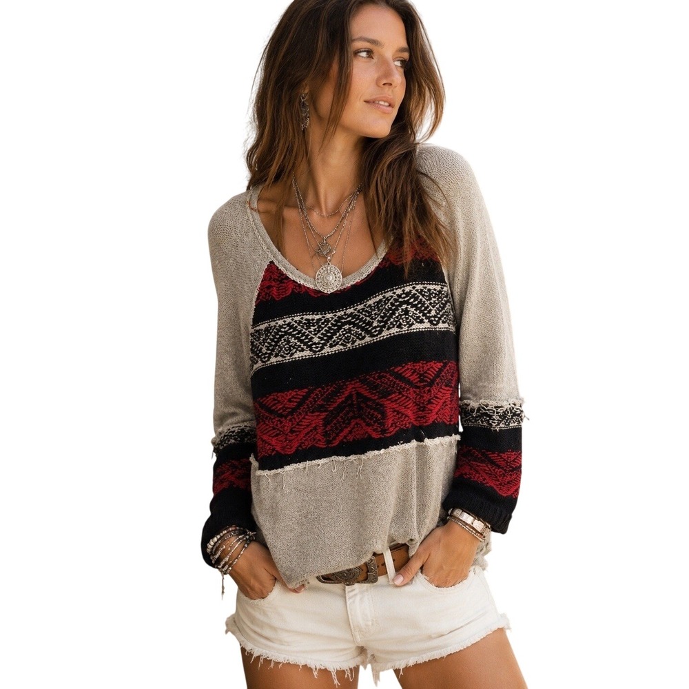 Free People Boho Red Gray Snow Angel Knit Inside Out Nordic Thermal Sweater S